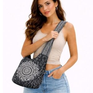Kathmandu Imports Black Cotton Mandala Star Boho Hobo Crossbody Bag Nepal NEW
